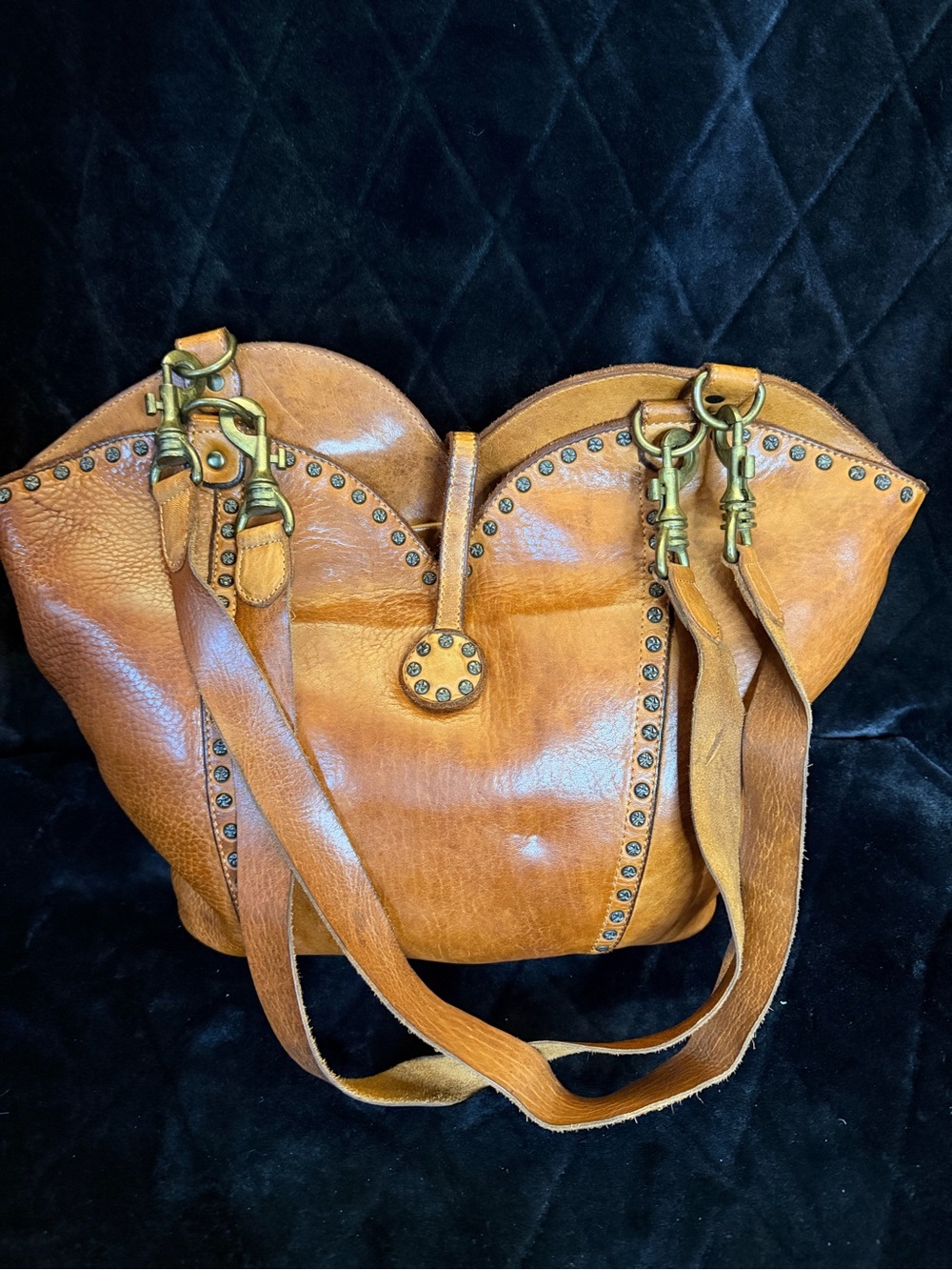 Studded Tan Leather Shoulder Bag with Antiqued Hardware